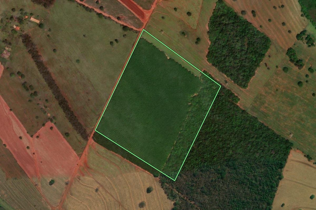 Imagem de satélite do imóvel rural em Macedônia (SP), com o contorno declarado no CAR desenhado por cima.