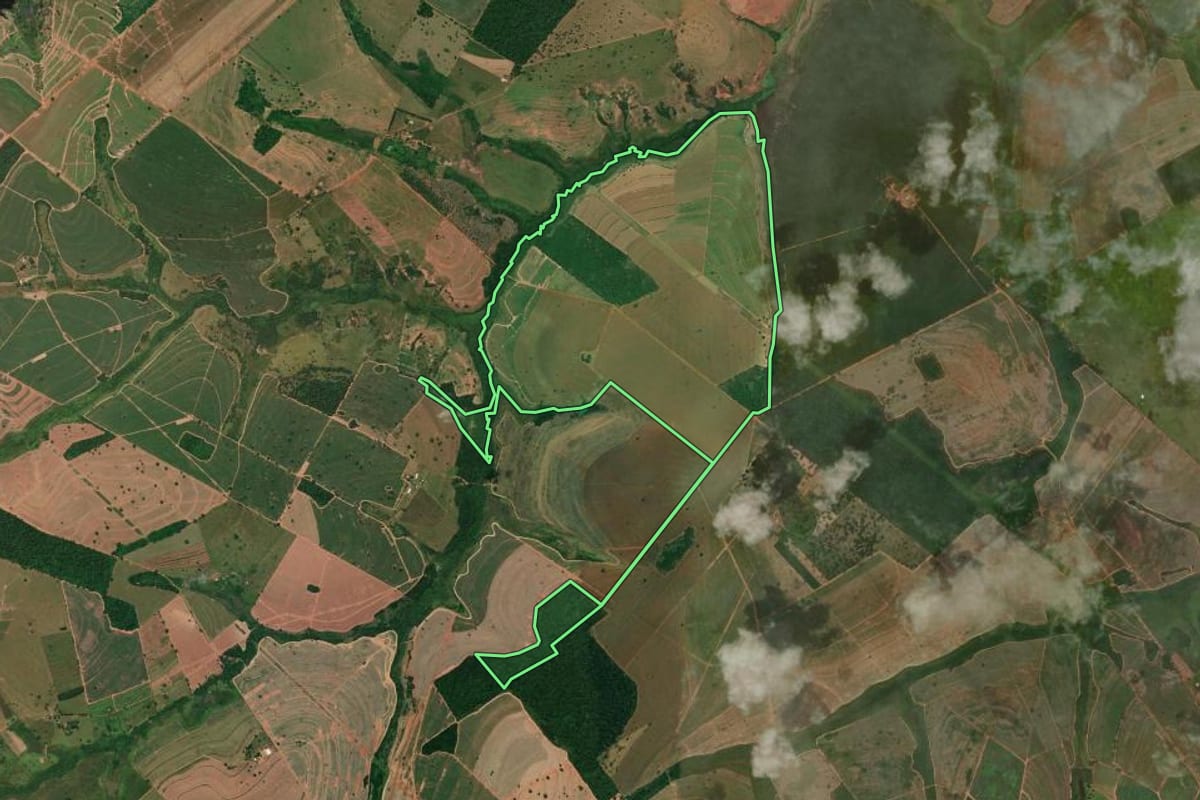 Imagem de satélite do imóvel rural em Macedônia (SP), com o contorno declarado no CAR desenhado por cima.