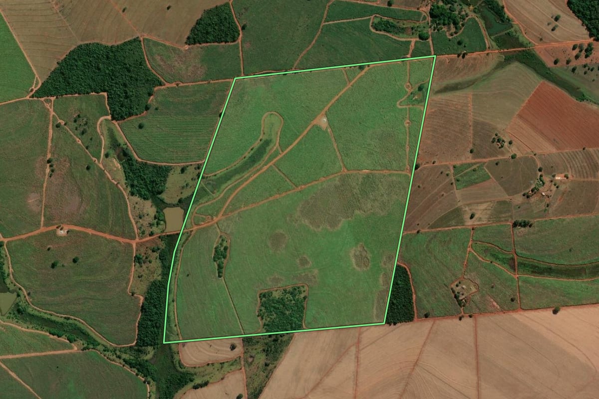 Imagem de satélite do imóvel rural em Macedônia (SP), com o contorno declarado no CAR desenhado por cima.