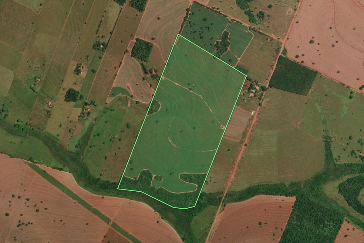 Imagem de satélite do imóvel rural em Macedônia (SP), com o contorno declarado no CAR desenhado por cima.