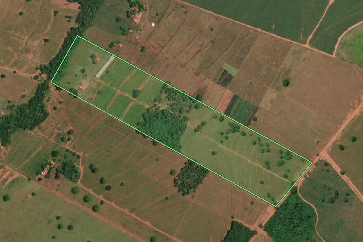 Imagem de satélite do imóvel rural em Macedônia (SP), com o contorno declarado no CAR desenhado por cima.