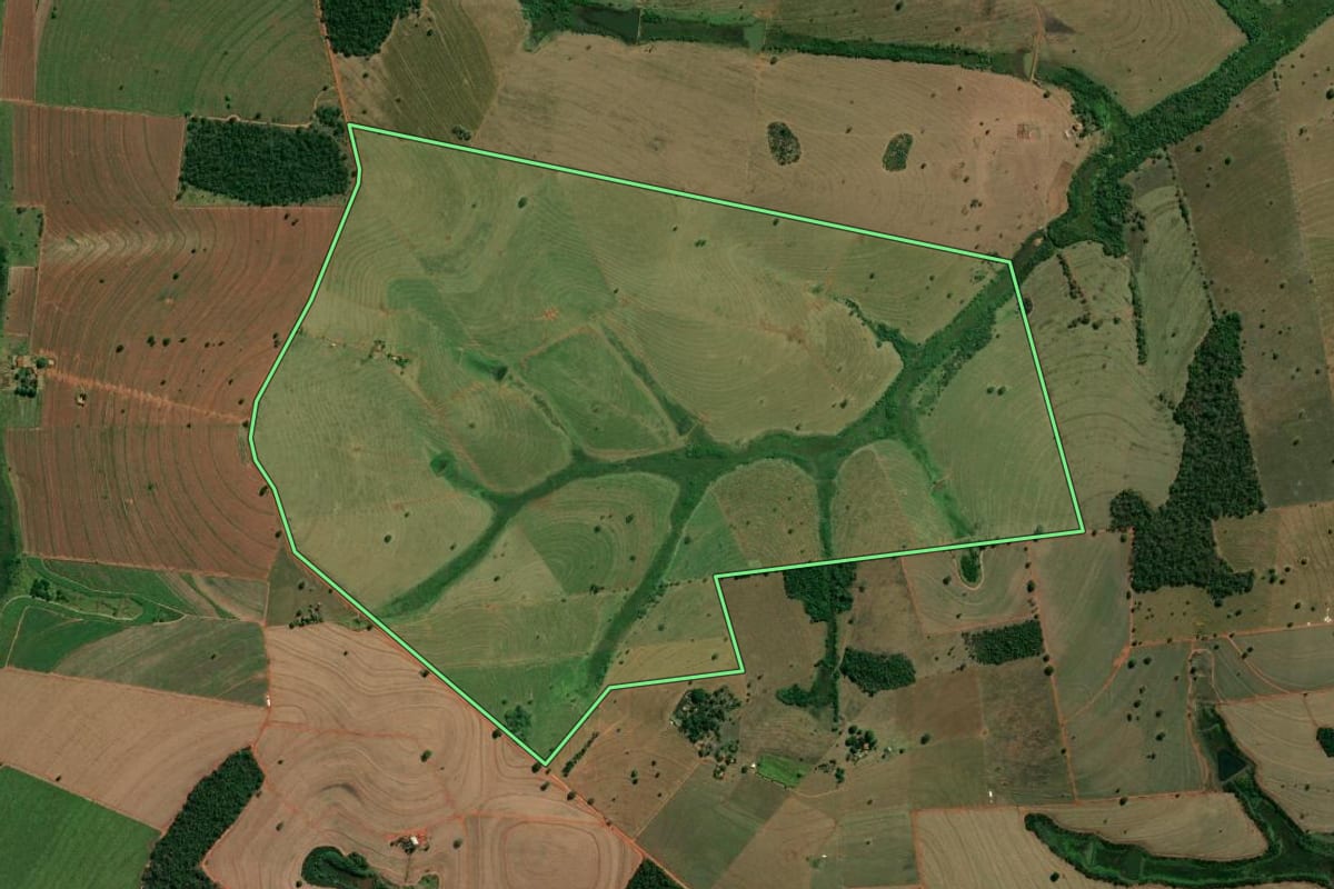 Imagem de satélite do imóvel rural em Macedônia (SP), com o contorno declarado no CAR desenhado por cima.