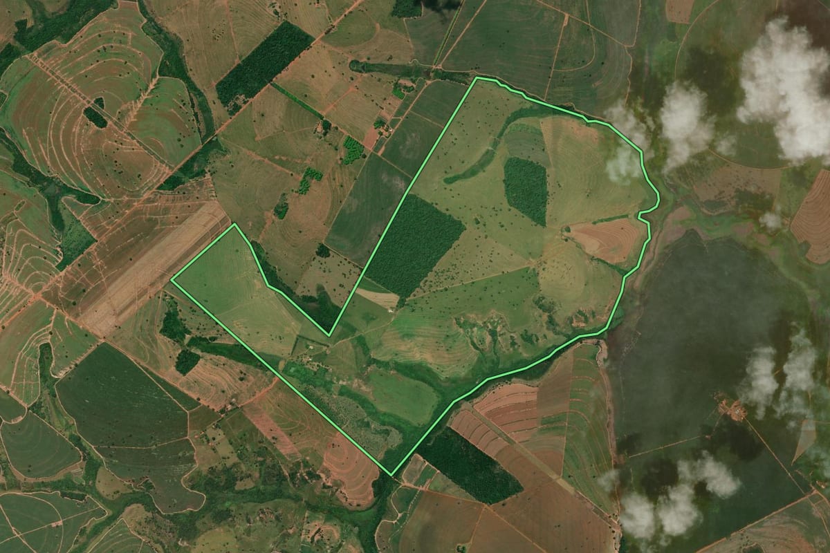 Imagem de satélite do imóvel rural em Macedônia (SP), com o contorno declarado no CAR desenhado por cima.