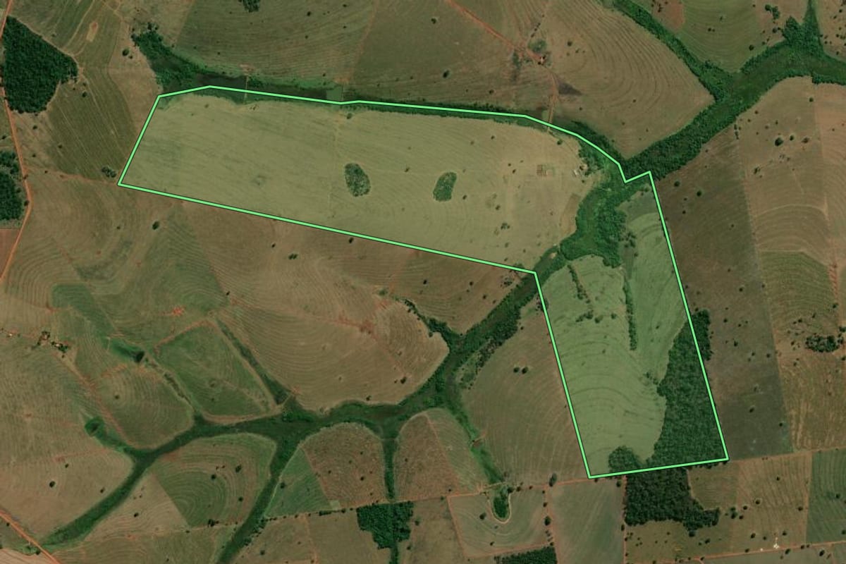 Imagem de satélite do imóvel rural em Macedônia (SP), com o contorno declarado no CAR desenhado por cima.