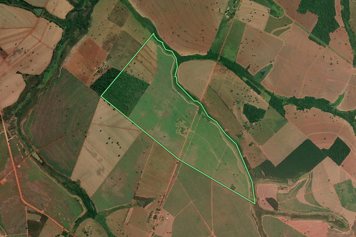 Imagem de satélite do imóvel rural em Macedônia (SP), com o contorno declarado no CAR desenhado por cima.