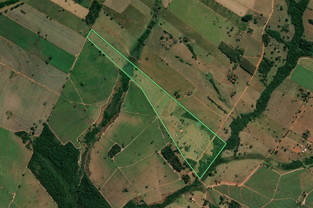 Imagem de satélite do imóvel rural em Magda (SP), com o contorno declarado no CAR desenhado por cima.