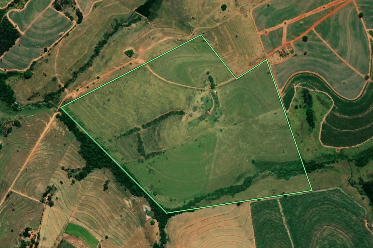 Imagem de satélite do imóvel rural em Magda (SP), com o contorno declarado no CAR desenhado por cima.