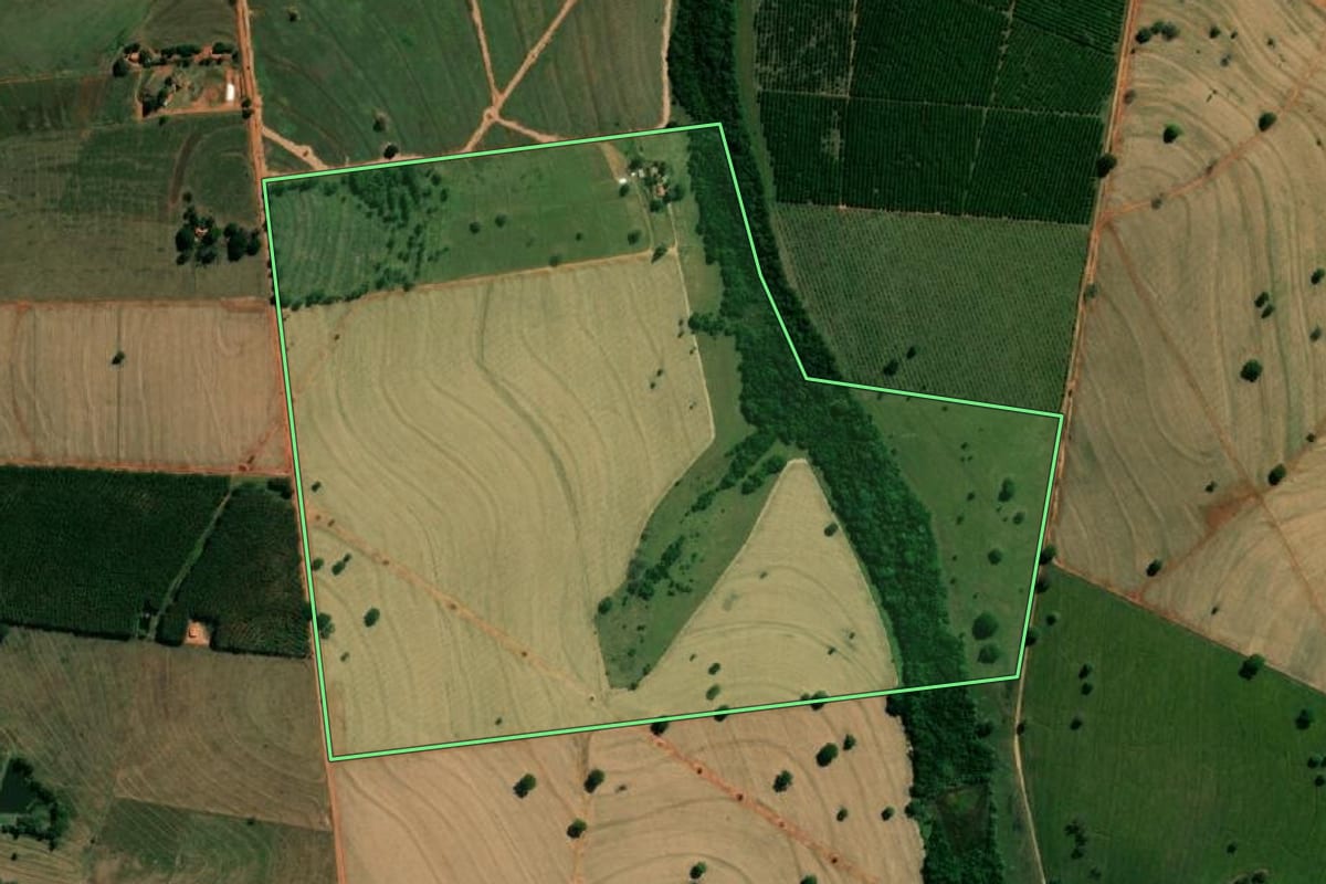 Imagem de satélite do imóvel rural em Magda (SP), com o contorno declarado no CAR desenhado por cima.