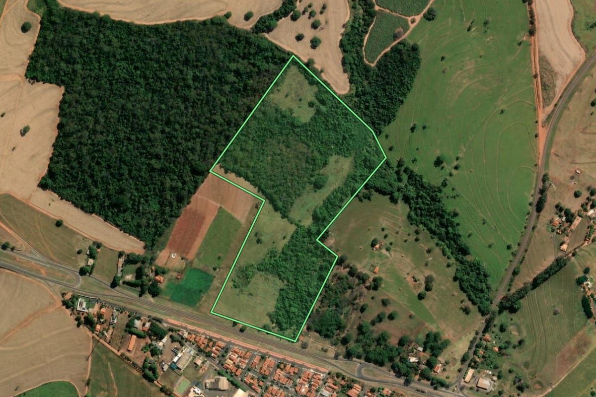 Imagem de satélite do imóvel rural em Magda (SP), com o contorno declarado no CAR desenhado por cima.