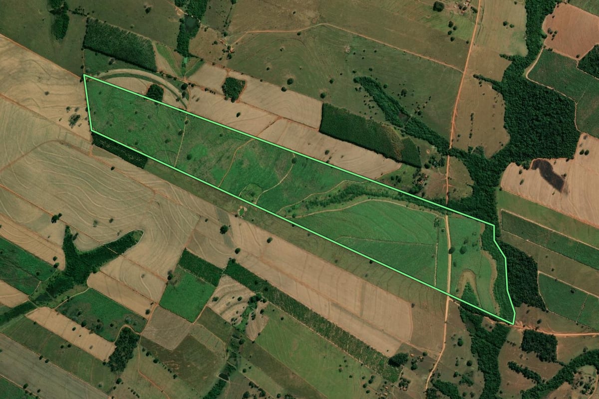 Imagem de satélite do imóvel rural em Magda (SP), com o contorno declarado no CAR desenhado por cima.
