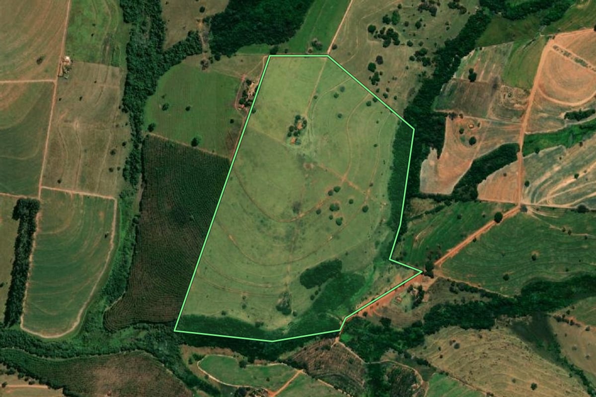 Imagem de satélite do imóvel rural em Magda (SP), com o contorno declarado no CAR desenhado por cima.