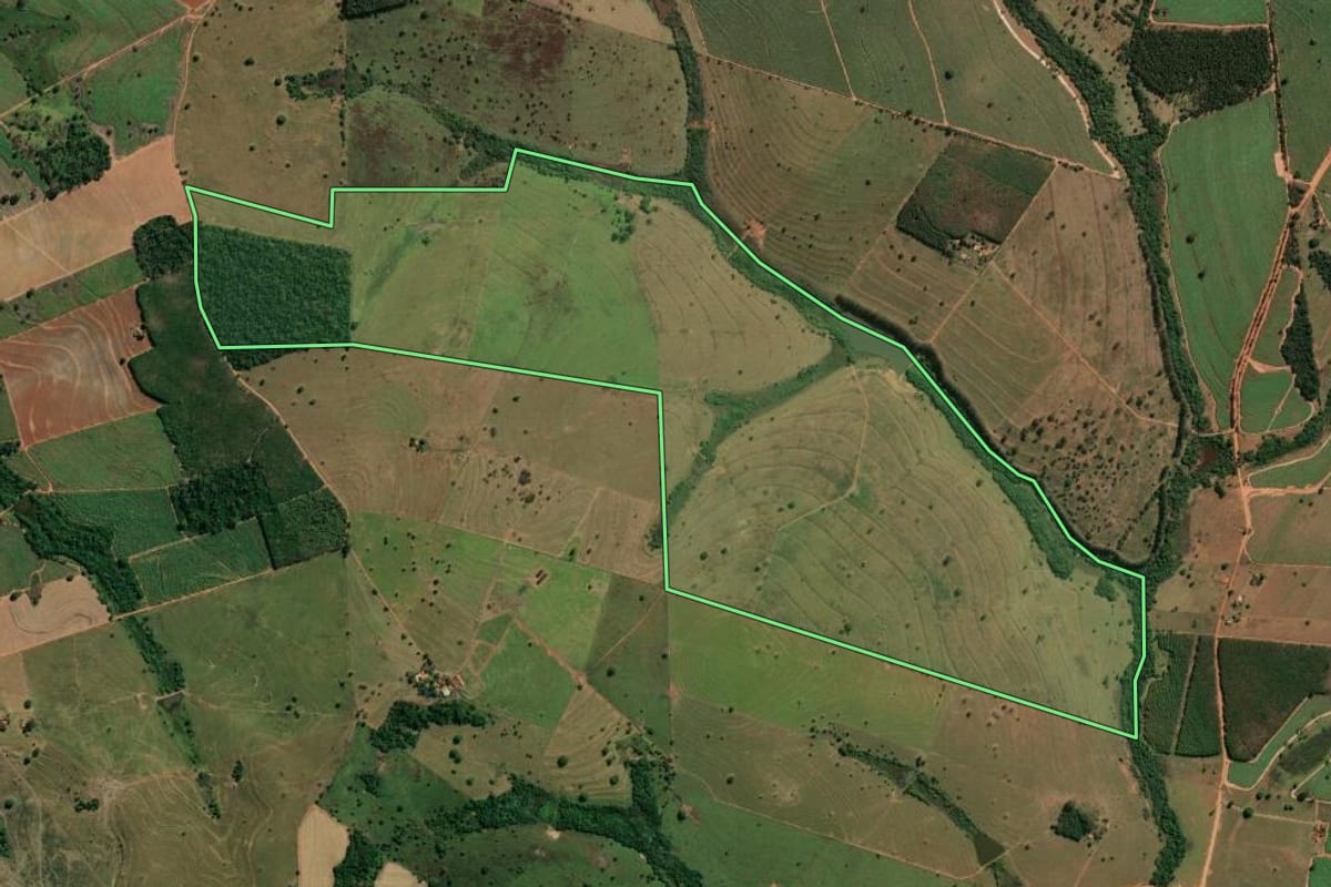 Imagem de satélite do imóvel rural em Magda (SP), com o contorno declarado no CAR desenhado por cima.