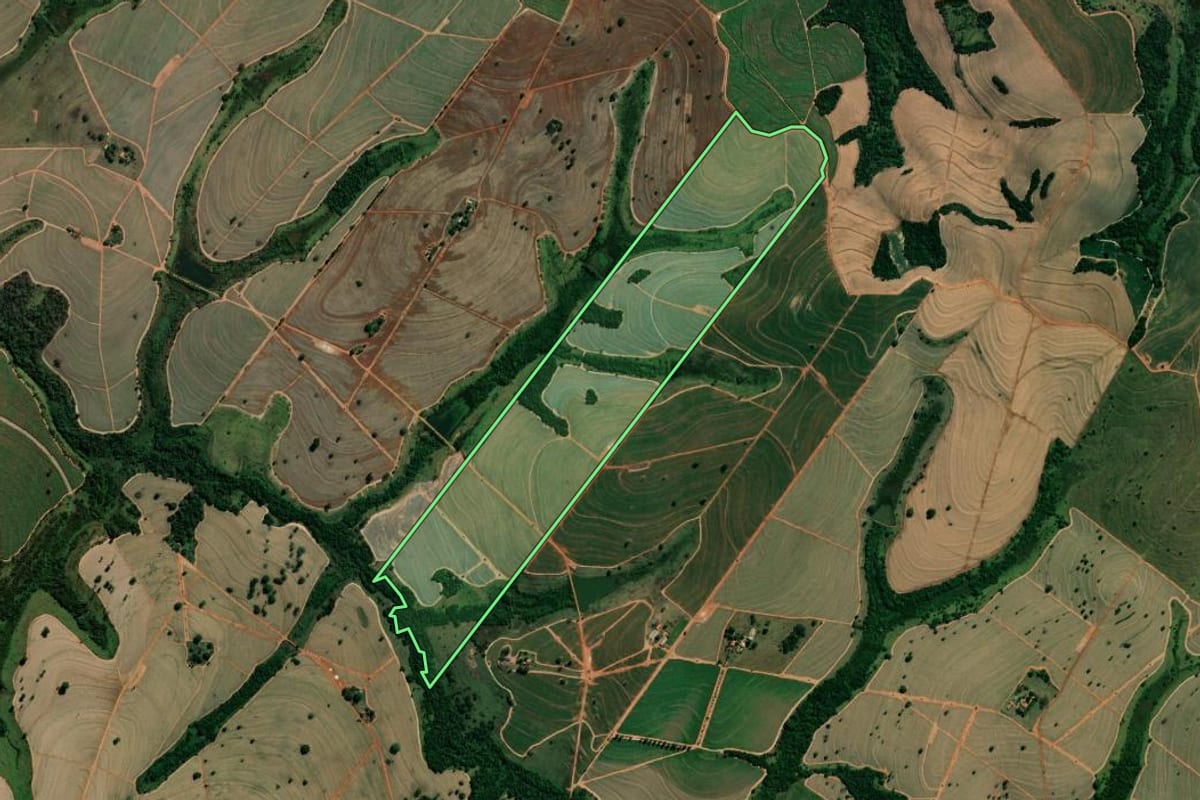 Imagem de satélite do imóvel rural em Magda (SP), com o contorno declarado no CAR desenhado por cima.