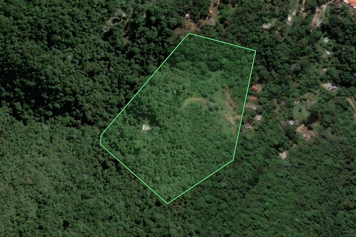 Imagem de satélite do imóvel rural em Mairiporã (SP), com o contorno declarado no CAR desenhado por cima.