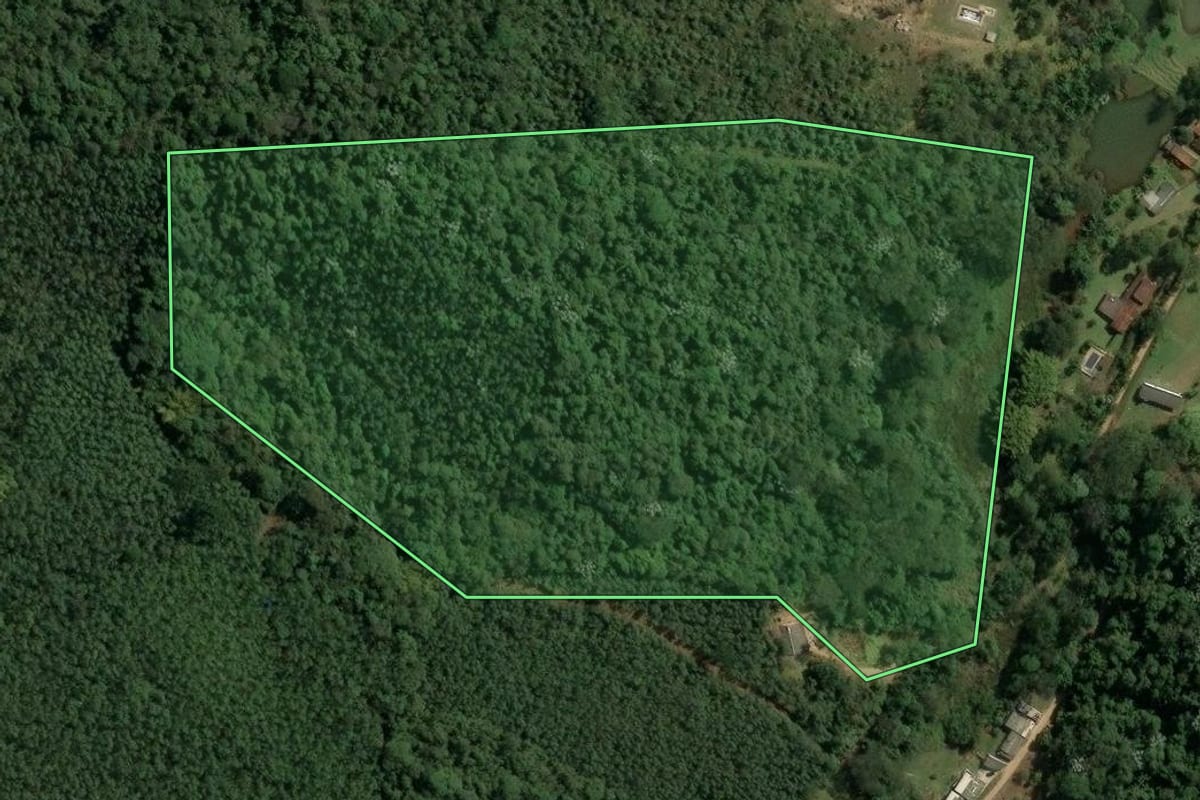 Imagem de satélite do imóvel rural em Mairiporã (SP), com o contorno declarado no CAR desenhado por cima.