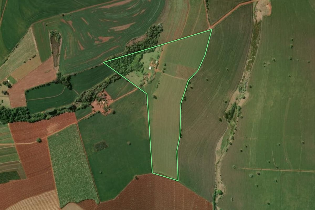 Imagem de satélite do imóvel rural em Manduri (SP), com o contorno declarado no CAR desenhado por cima.