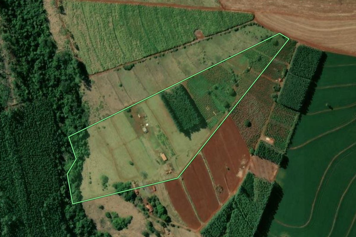 Imagem de satélite do imóvel rural em Manduri (SP), com o contorno declarado no CAR desenhado por cima.