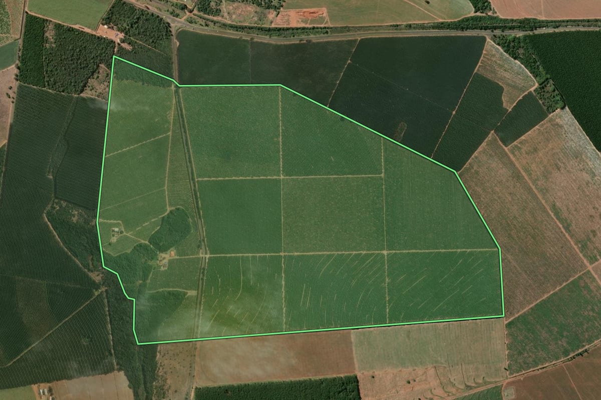 Imagem de satélite do imóvel rural em Manduri (SP), com o contorno declarado no CAR desenhado por cima.