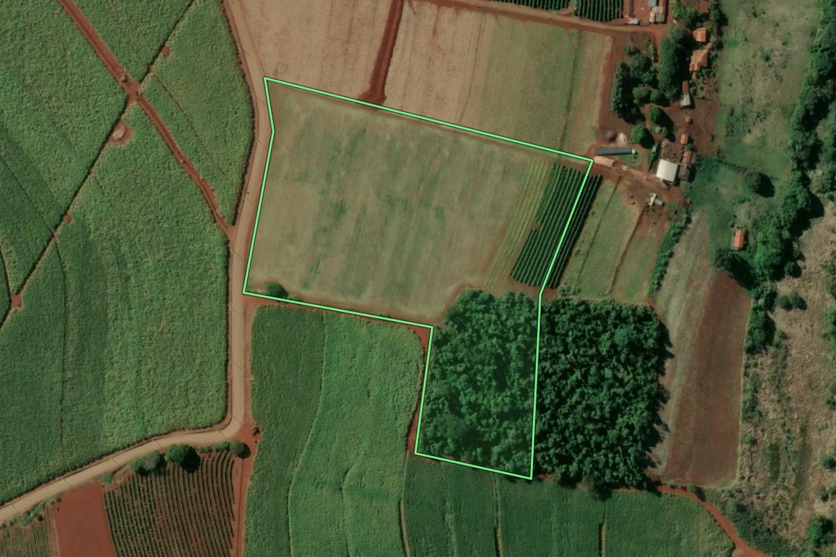 Imagem de satélite do imóvel rural em Manduri (SP), com o contorno declarado no CAR desenhado por cima.