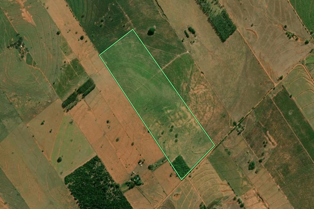 Imagem de satélite do imóvel rural em Marabá Paulista (SP), com o contorno declarado no CAR desenhado por cima.