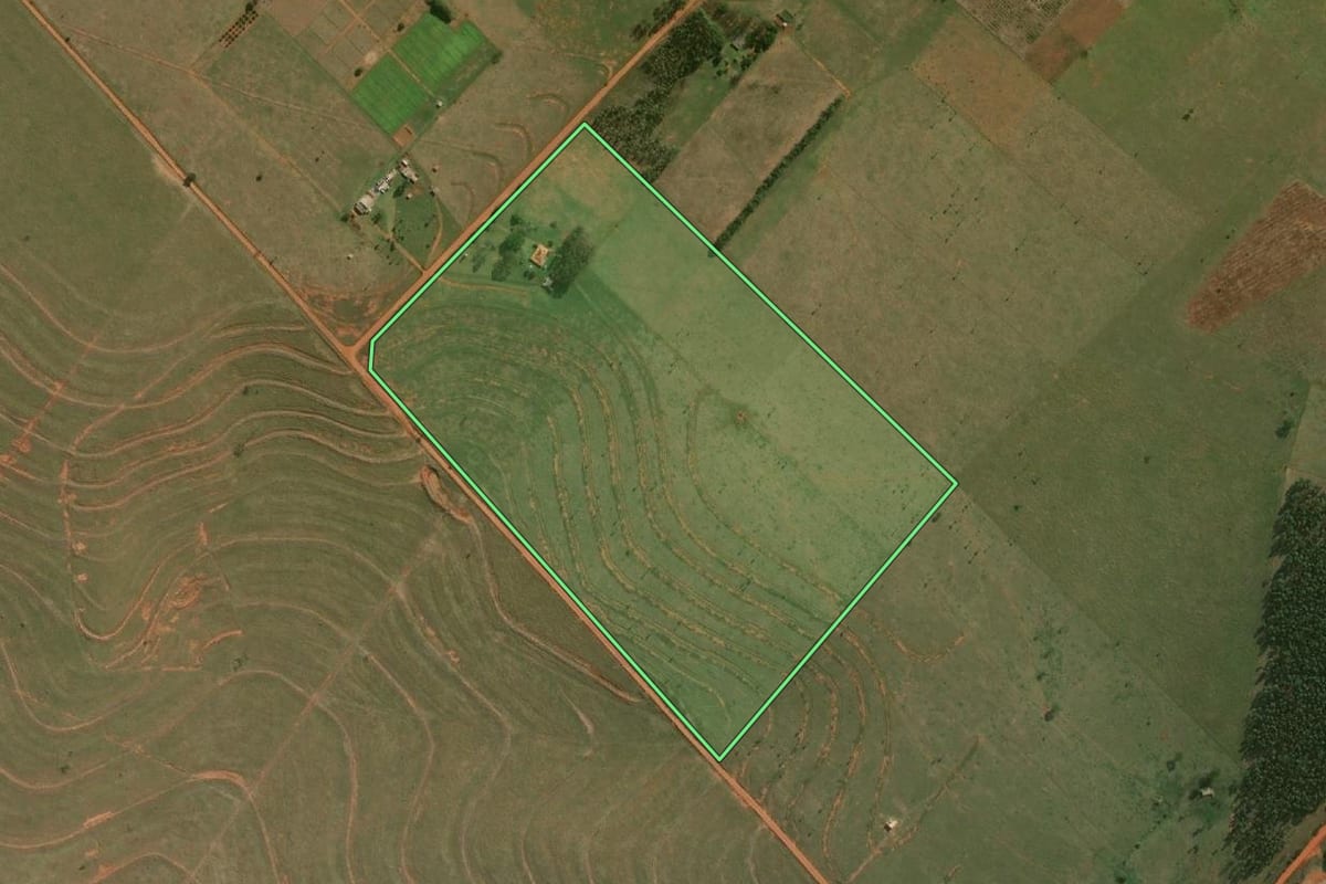 Imagem de satélite do imóvel rural em Marabá Paulista (SP), com o contorno declarado no CAR desenhado por cima.