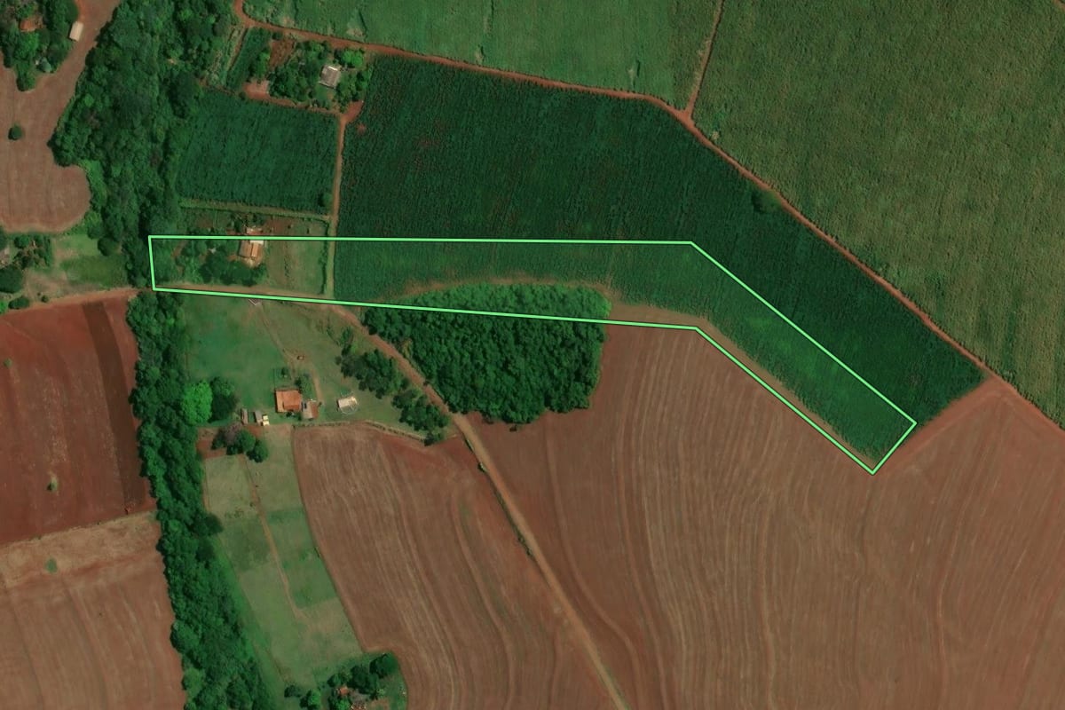 Imagem de satélite do imóvel rural em Maracaí (SP), com o contorno declarado no CAR desenhado por cima.