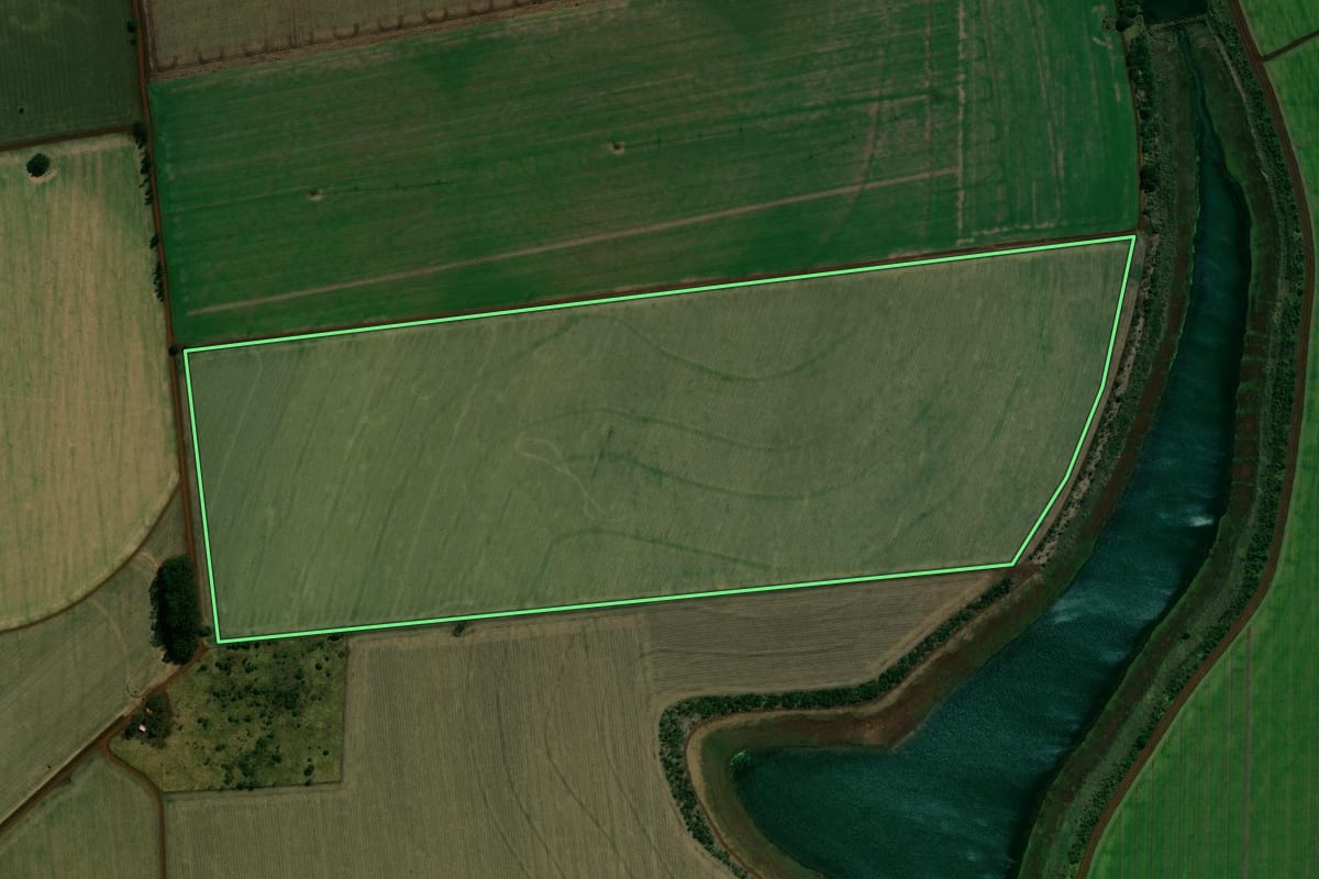 Imagem de satélite do imóvel rural em Maracaí (SP), com o contorno declarado no CAR desenhado por cima.