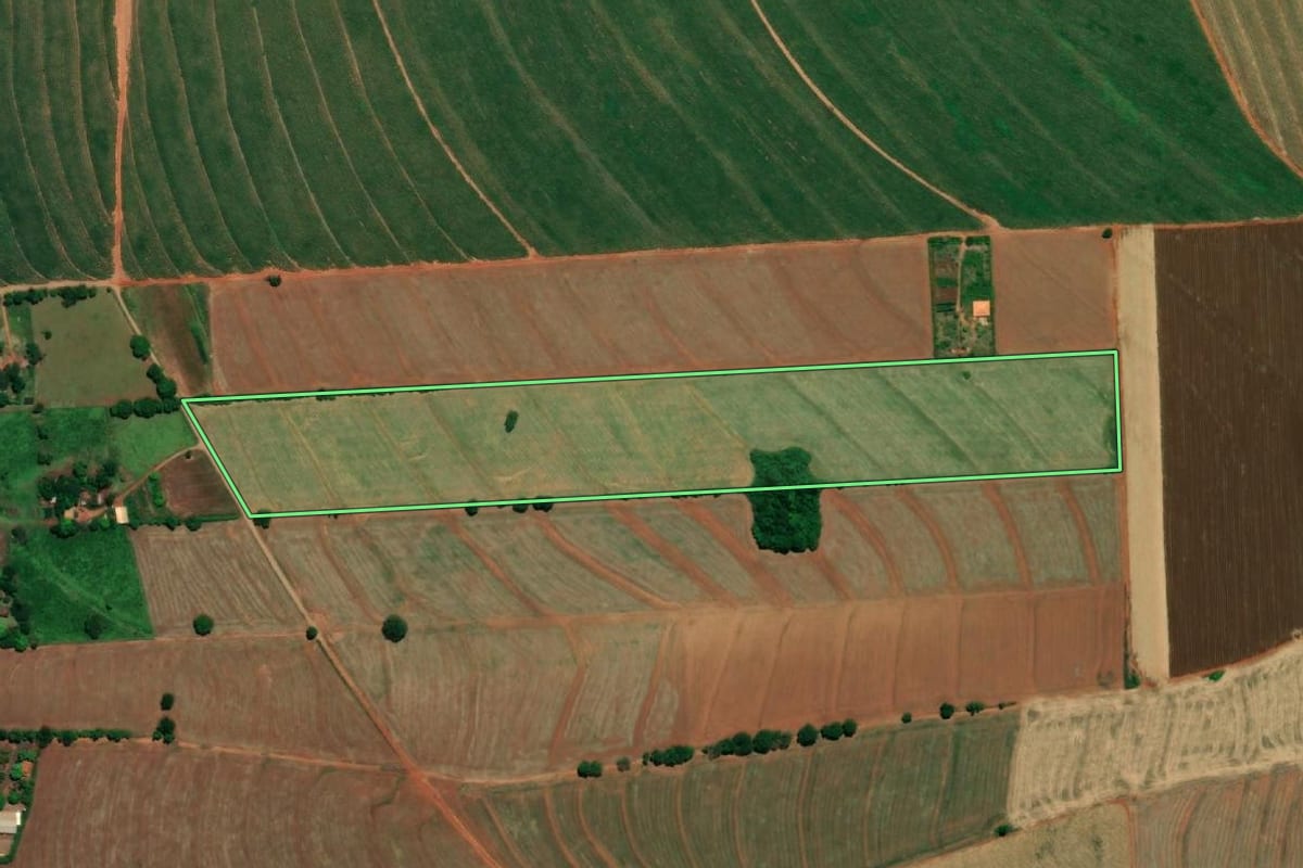 Imagem de satélite do imóvel rural em Maracaí (SP), com o contorno declarado no CAR desenhado por cima.