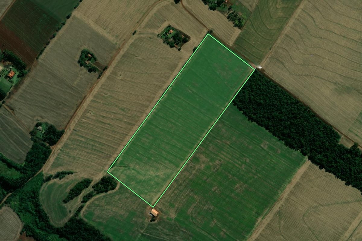 Imagem de satélite do imóvel rural em Maracaí (SP), com o contorno declarado no CAR desenhado por cima.