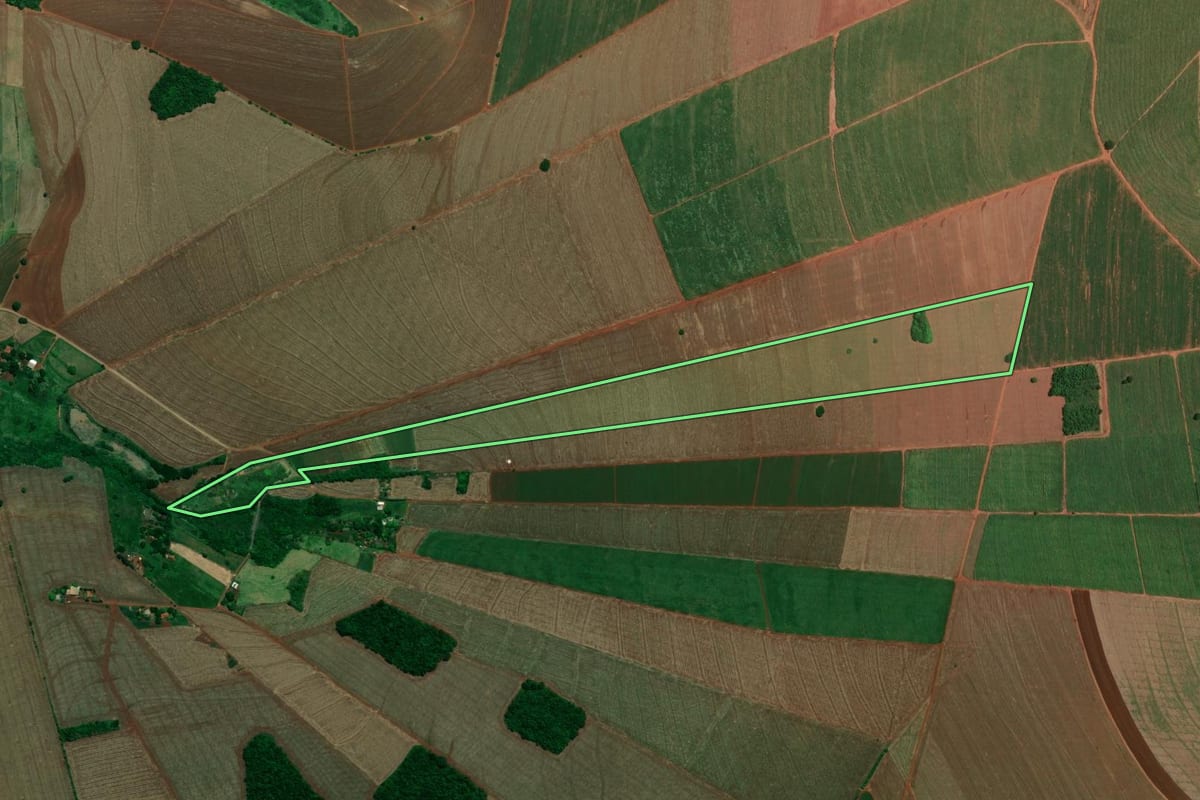 Imagem de satélite do imóvel rural em Maracaí (SP), com o contorno declarado no CAR desenhado por cima.