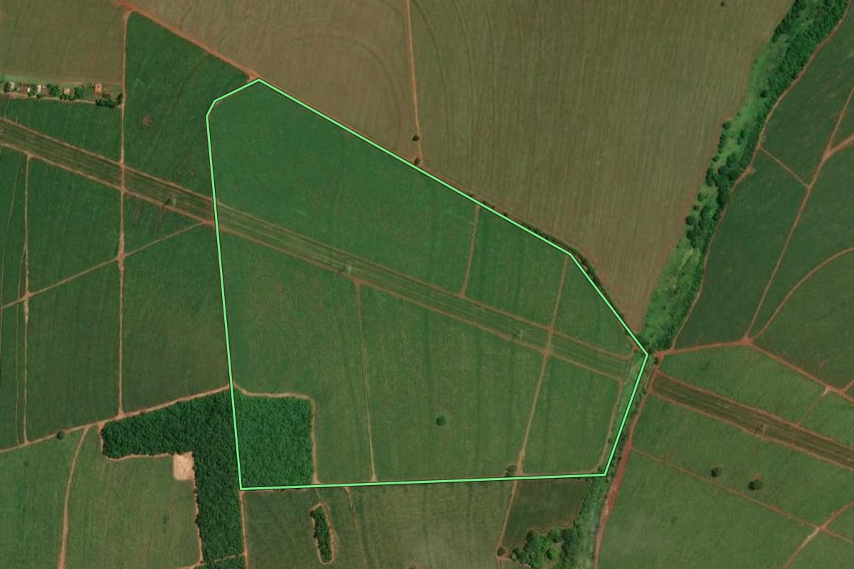 Imagem de satélite do imóvel rural em Maracaí (SP), com o contorno declarado no CAR desenhado por cima.