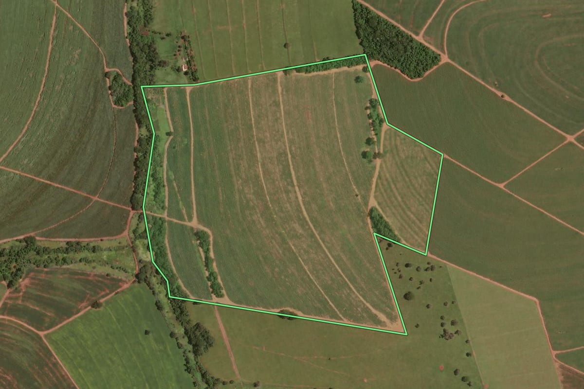 Imagem de satélite do imóvel rural em Maracaí (SP), com o contorno declarado no CAR desenhado por cima.