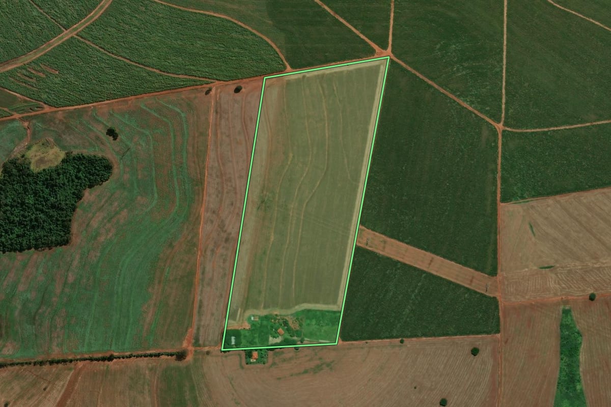Imagem de satélite do imóvel rural em Maracaí (SP), com o contorno declarado no CAR desenhado por cima.