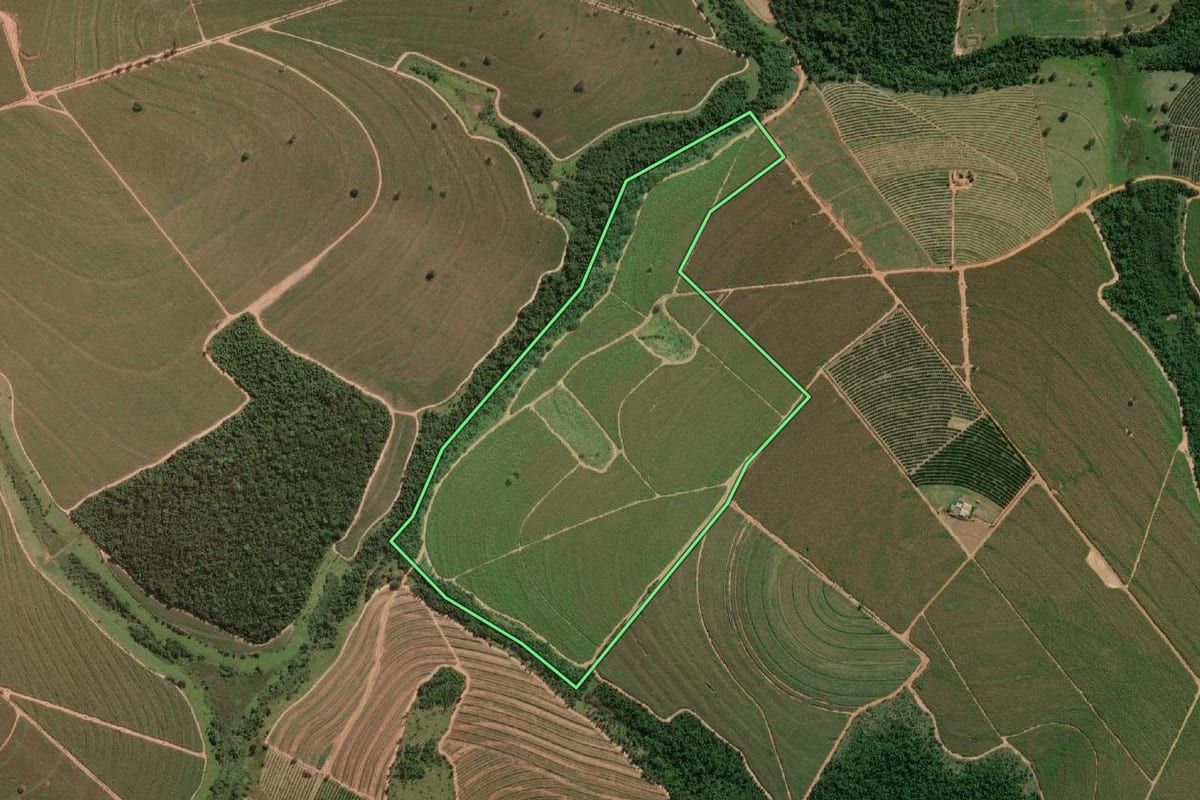 Imagem de satélite do imóvel rural em Marapoama (SP), com o contorno declarado no CAR desenhado por cima.