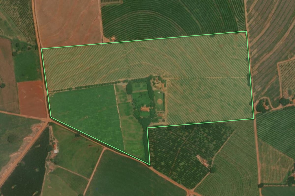 Imagem de satélite do imóvel rural em Marapoama (SP), com o contorno declarado no CAR desenhado por cima.
