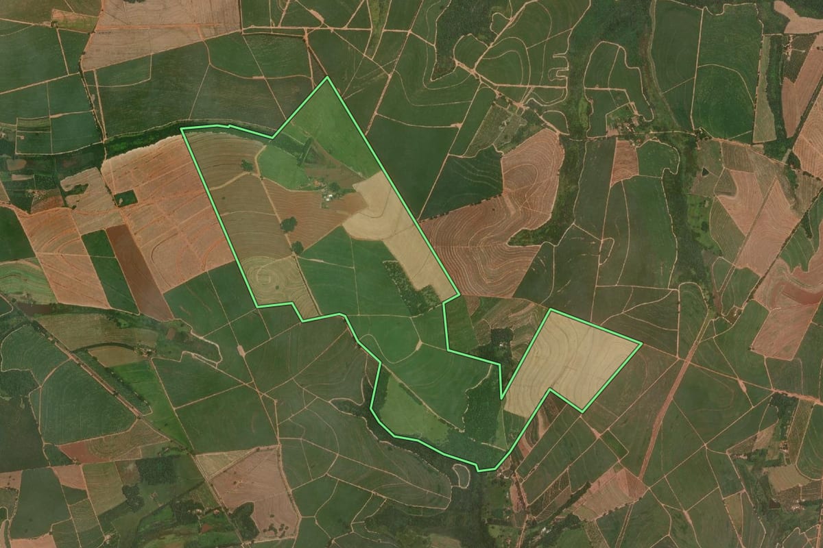 Imagem de satélite do imóvel rural em Marapoama (SP), com o contorno declarado no CAR desenhado por cima.