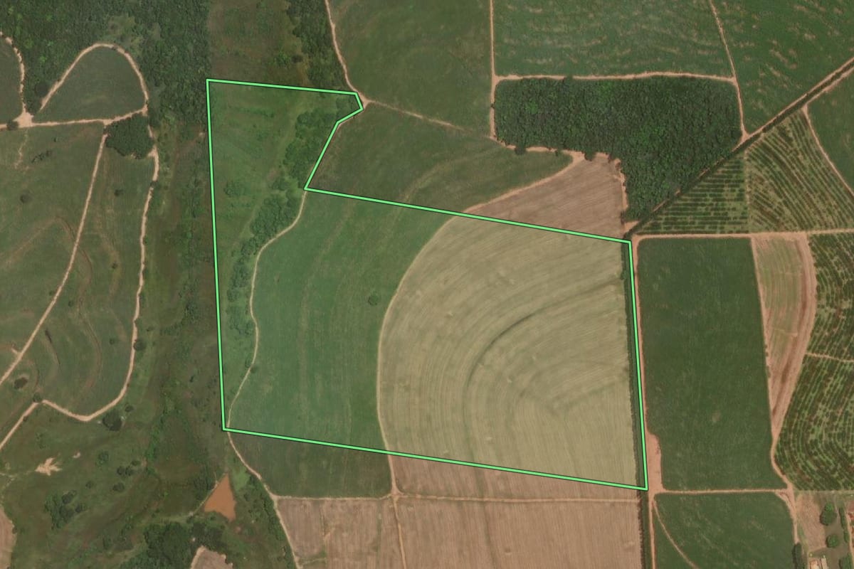 Imagem de satélite do imóvel rural em Marapoama (SP), com o contorno declarado no CAR desenhado por cima.