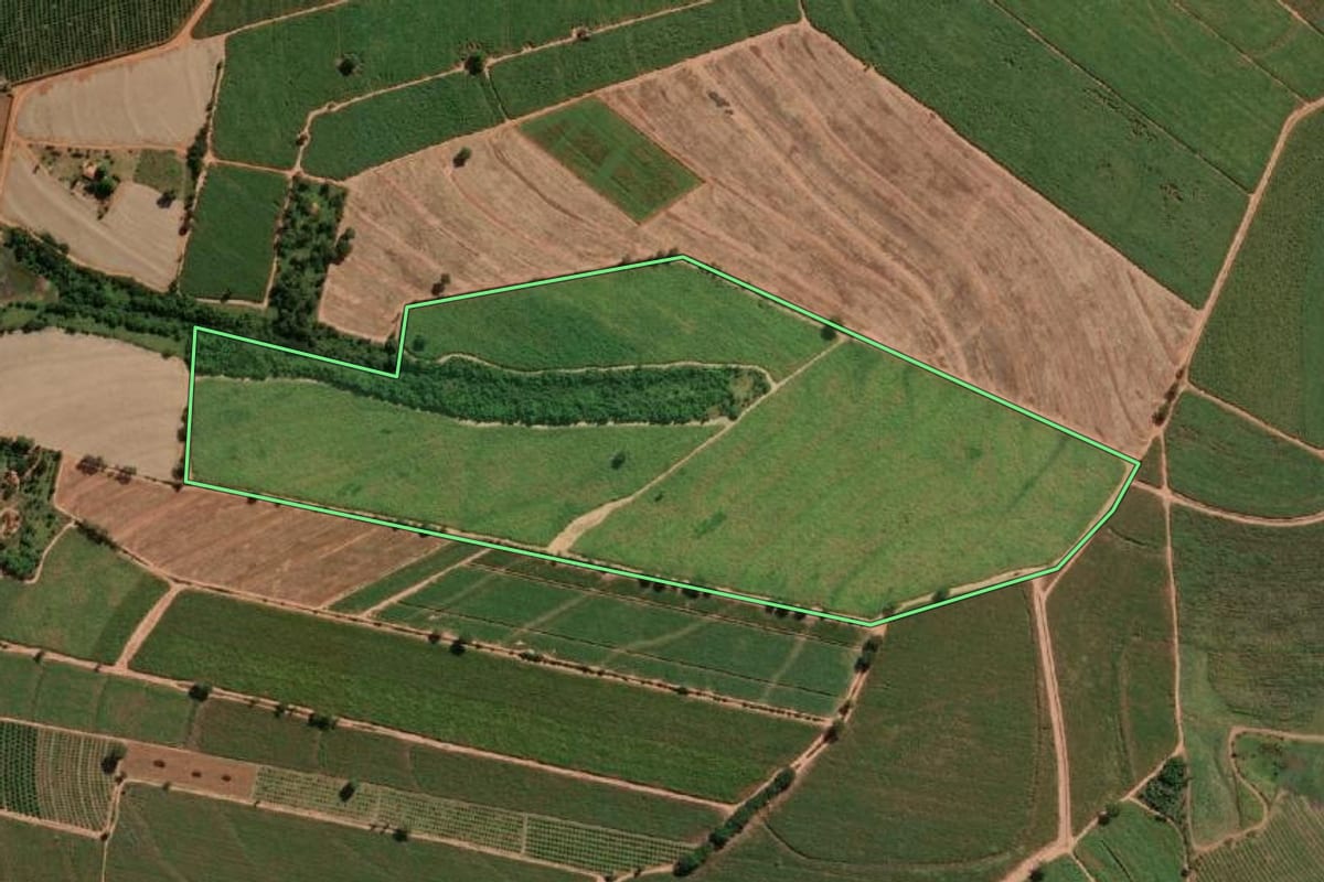 Imagem de satélite do imóvel rural em Marapoama (SP), com o contorno declarado no CAR desenhado por cima.