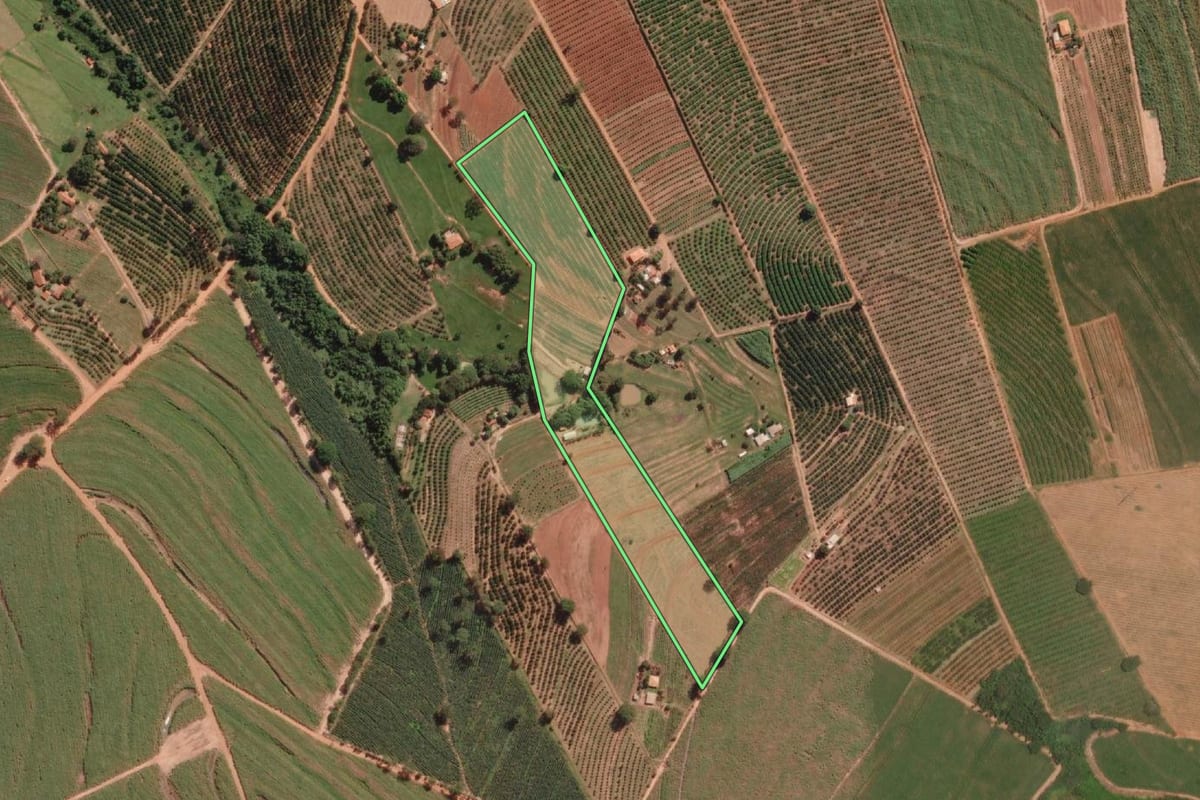 Imagem de satélite do imóvel rural em Marapoama (SP), com o contorno declarado no CAR desenhado por cima.