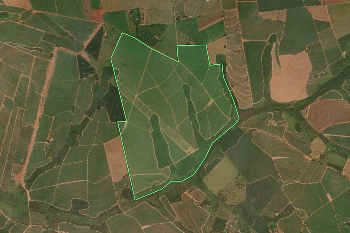 Imagem de satélite do imóvel rural em Marapoama (SP), com o contorno declarado no CAR desenhado por cima.
