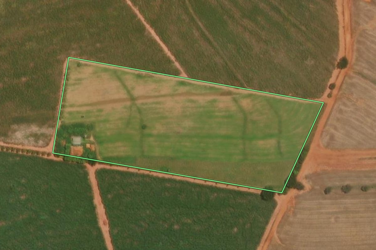 Imagem de satélite do imóvel rural em Marapoama (SP), com o contorno declarado no CAR desenhado por cima.