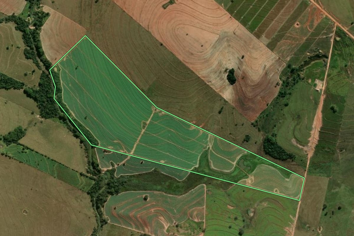 Imagem de satélite do imóvel rural em Mariápolis (SP), com o contorno declarado no CAR desenhado por cima.