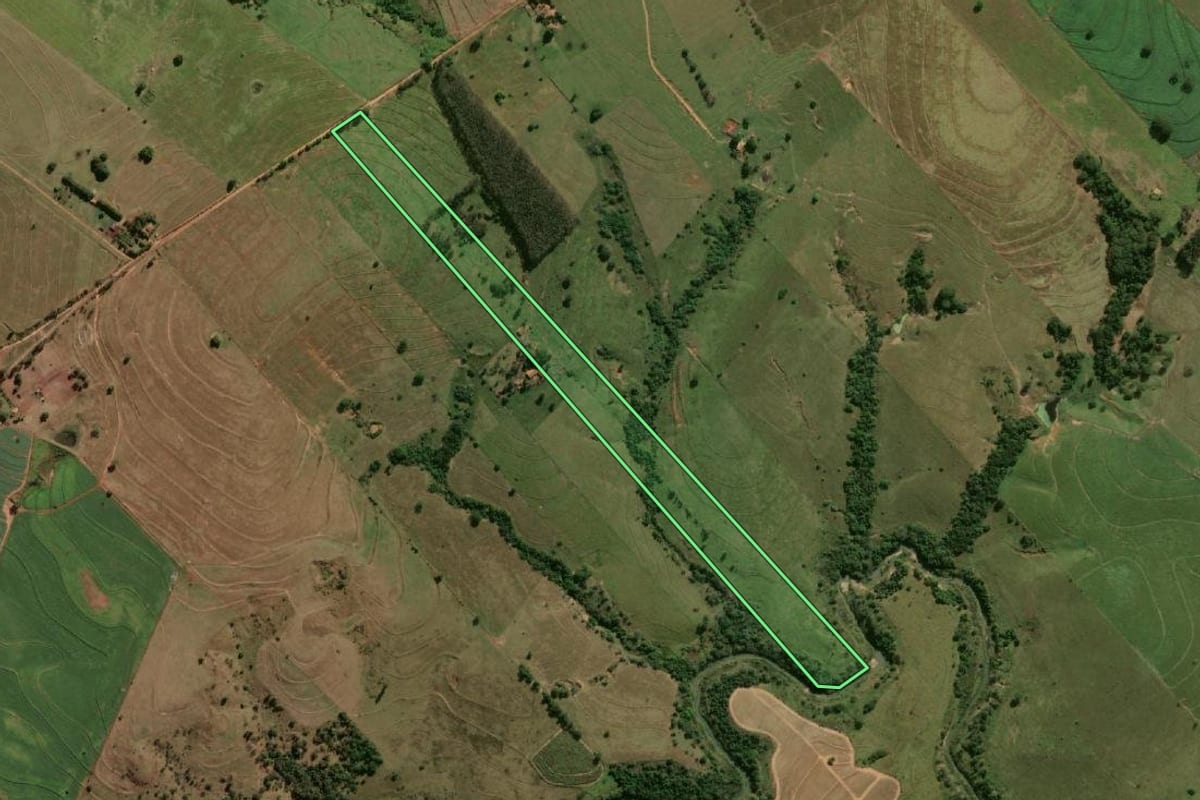 Imagem de satélite do imóvel rural em Mariápolis (SP), com o contorno declarado no CAR desenhado por cima.