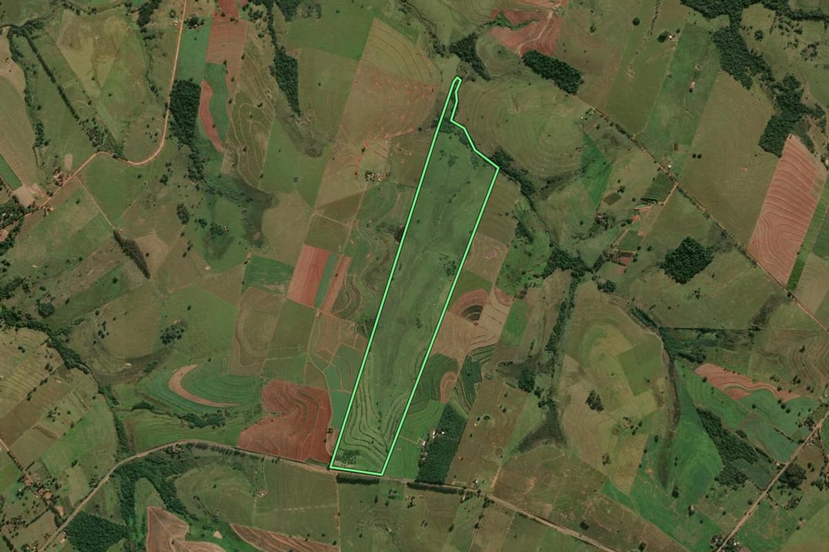 Imagem de satélite do imóvel rural em Mariápolis (SP), com o contorno declarado no CAR desenhado por cima.