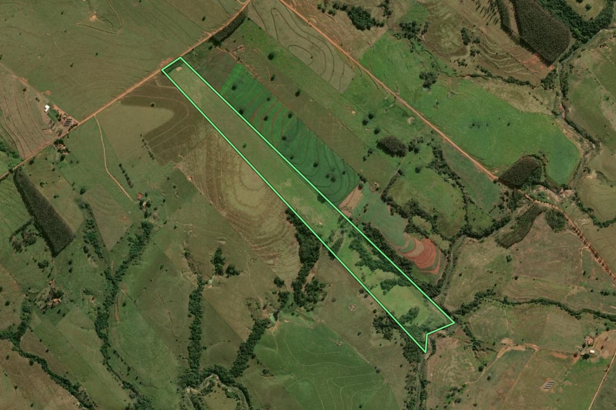 Imagem de satélite do imóvel rural em Mariápolis (SP), com o contorno declarado no CAR desenhado por cima.