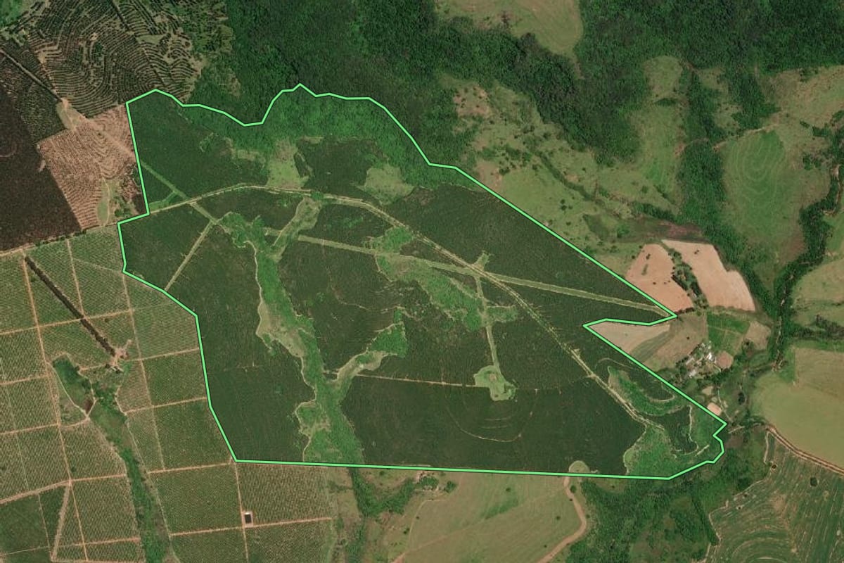 Imagem de satélite do imóvel rural em Marília (SP), com o contorno declarado no CAR desenhado por cima.