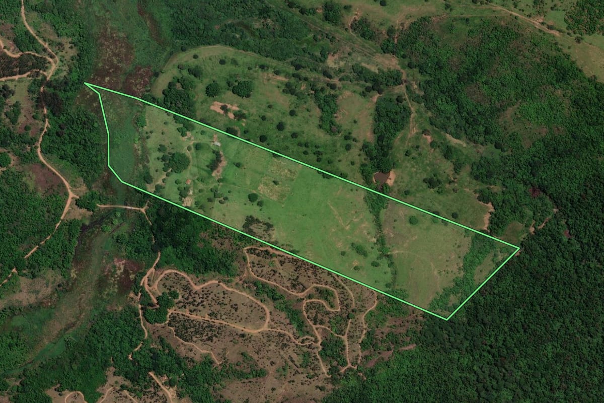 Imagem de satélite do imóvel rural em Marília (SP), com o contorno declarado no CAR desenhado por cima.