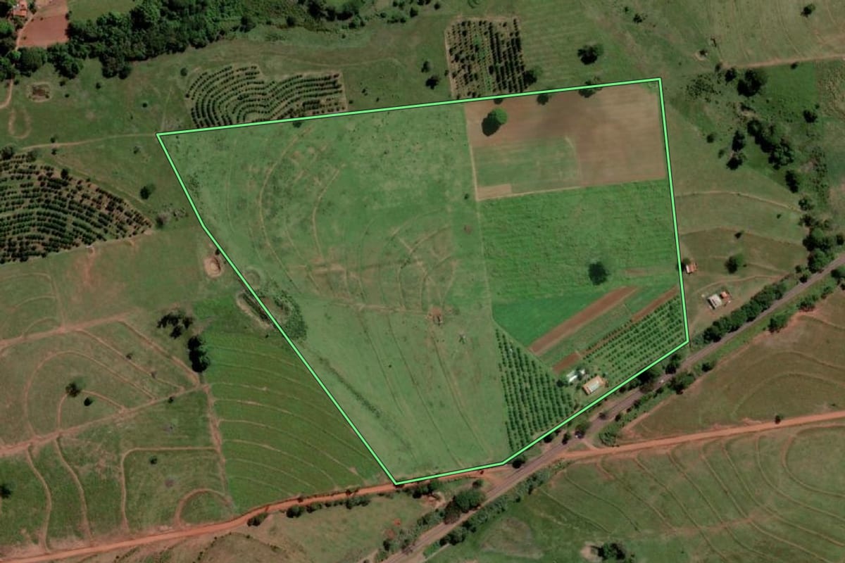 Imagem de satélite do imóvel rural em Marinópolis (SP), com o contorno declarado no CAR desenhado por cima.