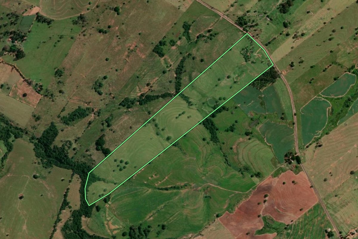 Imagem de satélite do imóvel rural em Martinópolis (SP), com o contorno declarado no CAR desenhado por cima.