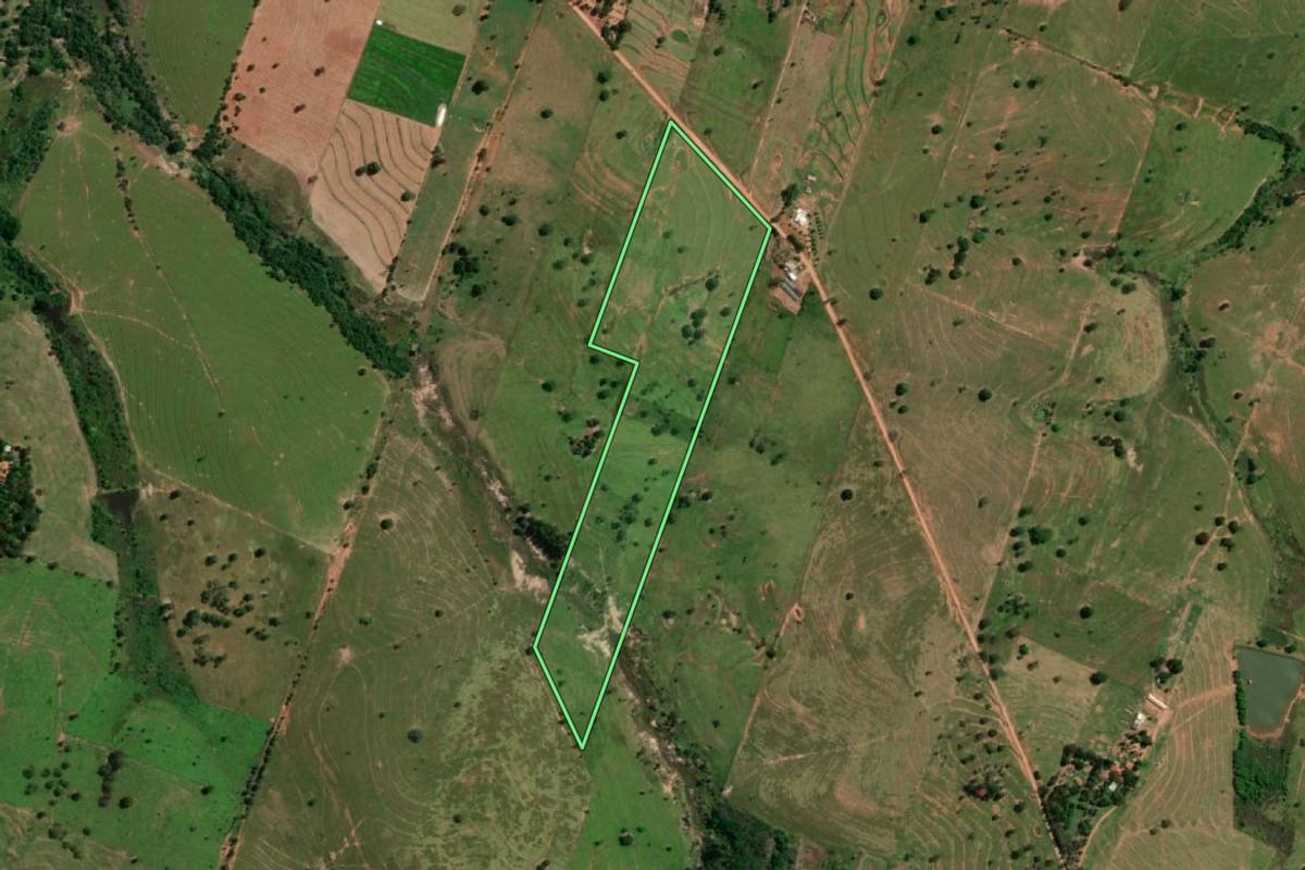 Imagem de satélite do imóvel rural em Martinópolis (SP), com o contorno declarado no CAR desenhado por cima.
